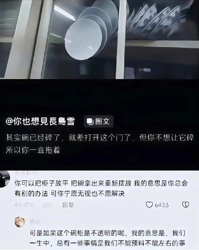 这是一张社交媒体图文截图，上方呈现了一个倾斜的碗柜，柜门内的碗已经处于破碎边缘，只要打开柜门碗就会彻底碎裂；下方是用户@你也想見長島雪发布的文案，用这个场景隐喻人们在生活中面对已经注定会糟糕的结果，却不愿接受现实，一直拖延着不去面对的心态。随后两条网友评论分别从不同角度延伸了这个隐喻：一条提出可以主动采取行动改变现状，指责拖延的心态；另一条则表示人生中存在无法预料、无法左右的事情，进一步引发人们对生活中类似处境的思考与共鸣。
