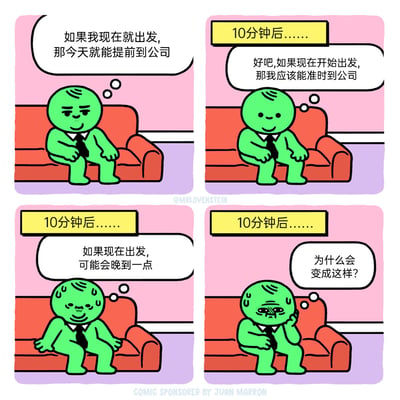 这是一组四格连环漫画，描绘了一个穿着正装的绿色卡通职场人坐在沙发上，不断拖延出门时间的心理变化过程。第一格中，他神态轻松，想着“如果我现在就出发，那今天就能提前到公司”；10分钟后第二格，他的想法变为“好吧，如果现在开始出发，那我应该能准时到公司”，神态依旧放松；又过10分钟的第三格，他开始满头冒汗，内心想着“如果现在出发，可能会晚到一点”；再经过10分钟后第四格，他已经崩溃焦虑，满头大汗地疑惑“为什么会变成这样？”。漫画精准还原了拖延症患者面对上班出门时的内心挣扎，从最初的自信提前，到不断拖延后陷入焦虑的状态，用幽默的方式调侃了普遍存在的拖延现象。