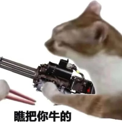 本梗图是一张基于“你好我吃一点”系列的衍生表情包，画面主角为现实中的猫咪，被P上了夸张的加特林机枪，正在对准一只伸过来的带有筷子的手爪。配文‘瞅把你牛的’，形成滑稽和调侃并存的情绪反差。画面以幽默和无奈感为主，源自于网络上用户在‘你好我吃一点’虚拟聚餐互动中，遇到夸张回复方式时的画面表现。猫咪与加特林的“强大火力”暗示了对方过于积极或表现过火，被调侃‘太牛了’。

**图片双关暗示：**
1. 加特林机枪属于幽默夸张的合成，暗指对方“吃得太狠”或者“有点过分”，在虚拟聚餐场景下带有‘反击’意味。
2. “瞅把你牛的”是近年来网络流行语，带有戏谑和半开玩笑的嘲讽。

非常适合用来回怼在评论区抢吃、表现欲旺盛的网友，或嘲笑别人“表现过度”。