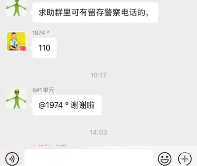 这是一张微信社区群的聊天记录截图，头像是绿色外星人、群昵称为5#1单元的成员询问群里有没有人留存警察的电话，群昵称为1974°的成员直接回复了通用报警电话110，随后提问的成员@对方表达了感谢。该内容的笑点在于提问者大概率想要的是辖区片警的私人联系电话，而回复者给出的是所有人都知晓的通用报警电话，形成了意料之外又合乎逻辑的搞笑效果，结合原标题还暗含头像相关的趣味吐槽。