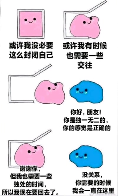 这是一组治愈系连环卡通漫画，以粉色和蓝色的黏液状卡通形象为角色，描绘了内向者的社交心路：最初粉色形象待在封闭的方框中，萌生了打开自己的想法，随后走出封闭空间，与蓝色形象成为朋友，在获得温暖的认可后，粉色形象坦诚自己需要独处时间并回到方框，蓝色形象则温柔表示会一直陪伴。漫画传递出尊重自身需求、平衡社交与独处的温暖理念，精准戳中内向人群的内心，给予他们理解与慰藉。