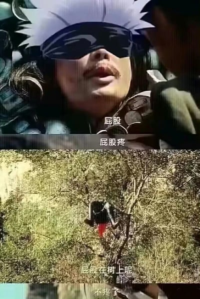 这是一组由上下两部分拼接而成的搞笑梗图，通过荒诞的反差制造笑点。上半部分是一位戴着护目镜、头盔的男子，面露痛苦神色，接连说着“屁股”“屁股疼”，传递出强烈的身体不适感受；下半部分画面切换到户外树林场景，树枝上挂着一个带有红色类似血迹的物体，被调侃成是男子的“屁股”，配文“屁股在树上呢”“不疼了”，将“屁股疼”的字面意思进行夸张解构，让角色和“屁股”分离，形成无厘头的喜剧效果，用离谱的逻辑消解疼痛的不适感。