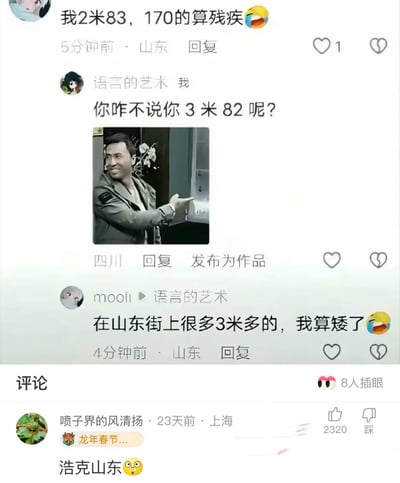 这是一张竖版社交媒体评论区截图。一名IP属地山东的网友夸张声称自己身高2米83，还调侃170厘米的人算残疾；IP属地四川的网友回复“你咋不说你3米82呢？”，并附上一张疑似甄子丹的男演员截图，图中男子侧身伸手指向一旁、嘴角带笑，呈现出戏谑反驳的效果。随后山东网友mooli继续顺着荒谬逻辑说，山东街上很多3米多的人，自己反而算矮。下方高赞评论“浩克山东😲”利用“浩克”与“好客”同音，把“好客山东”改写成“浩克山东”，将山东人身材高大的地域印象夸张成绿巨人一样的存在，形成笑点。图中的身高数字明显违背常识，属于反讽、吹牛和玩梗，不能按字面理解。