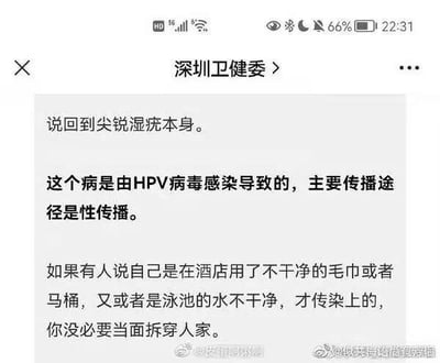 手机屏幕截图显示深圳卫健委的一篇健康科普文章，内容解释尖锐湿疣由HPV病毒引起，主要传播途径为性传播，并提到对于声称通过酒店毛巾、马桶或泳池感染的说法无需当面拆穿。界面包含典型手机状态栏信息（时间22:31，电量66%，信号HD等）及文章正文文本。