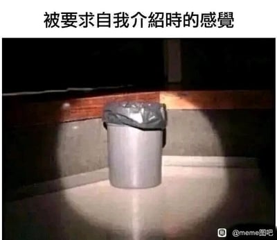 这是一张用来表达情绪的搞笑梗图，顶部配有文字“被要求自我介绍時的感覺”，画面主体是一个被聚光灯单独照亮的垃圾桶。创作者用被聚焦的垃圾桶来隐喻社恐人群或是不擅长在公众面前表现自己的人，当被要求进行自我介绍时，会感觉自己像被放在聚光灯下的“无用之物”，内心充满局促、尴尬与不安，仿佛想立刻逃离众人的目光，精准戳中了这类人群在面对此类场景时的窘迫心境，容易引发广泛共鸣。