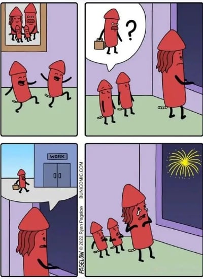 这是一幅四格漫画，描绘了鞭炮一家人的故事。第一格：两个小鞭炮在房间里开心地跳舞，墙上挂着鞭炮全家福画像。第二格：一位戴着帽子、留着胡子的父亲鞭炮提着公文包回家，头上有问号表示疑惑，母亲鞭炮（长发）望向窗外，两个小鞭炮表情变得担忧。第三格：父亲鞭炮走向标有"WORK"的大楼，母亲鞭炮在窗口看着他离开。第四格：窗外放起了烟花，母亲鞭炮看着烟花流泪，两个小鞭炮站在她身边显得担忧。