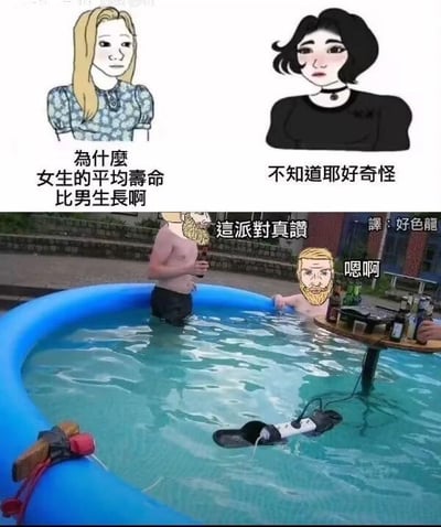 图片分为上下两部分。上半部分是两个卡通风格女生的对话，左侧金发女生提问“为什么女生的平均寿命比男生长啊”，右侧黑发女生回应“不知道耶好奇怪”。下半部分是真实场景，两个赤裸上身的男性在蓝色充气泳池中，一人手持饮料说“這派對真讚”（旁边标注“譯：好色龍”），另一人回应“嗯啊”。通过卡通提问与男性在派对中饮酒玩乐的场景形成对比，幽默暗示男性可能因冒险行为（如过度饮酒、派对狂欢）导致平均寿命较短。