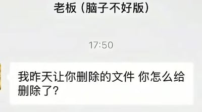 这是一张聊天记录截图，顶部的联系人备注为“老板（脑子不好版）”，消息发送时间显示为17:50，对方发送的内容为“我昨天让你删除的文件 你怎么给删除了？”，该内容存在明显的逻辑矛盾，把安排下属删除文件反过来问责下属真的删除了的离谱行为，用来吐槽职场中部分老板逻辑混乱、行事前后矛盾令人无所适从的现象，属于搞笑吐槽类内容。