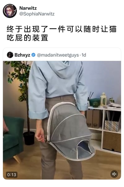 这是一张来自X平台（原Twitter）的趣味梗图截图，上层是用户Narwitz发布的评论，配文“终于出现了一件可以随时让猫吃屁的装置”；下层是用户Bzhxyz发布的13秒视频的截图，视频中一位穿着浅蓝色上衣的人将一个便携猫包固定在自己的臀部位置，猫包的开口朝向后方。由于这个佩戴位置的特殊性，被网友趣味玩梗，调侃成“让猫吃屁的装置”，实际上该产品是用于随身携带猫咪的便携宠物包，只是这个展示的佩戴方式引发了网友的搞笑联想，属于宠物相关的网络趣味内容，在社交平台上传播以博人一笑。