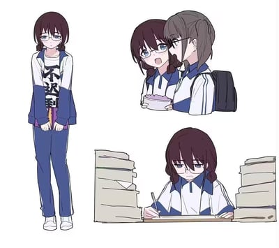 插画包含三个场景：左侧是一位穿着蓝白校服的双马尾女生站立姿势，上衣印有“不迟到”字样；右上角是两位女生亲密互动，其中一位手持碗装食物；右下角是一位女生在堆积如山的书本前认真写字的场景。整体风格为日系校园风插画，展现了学生的日常生活片段。