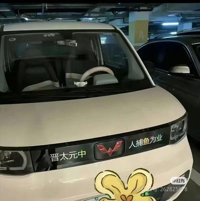 这是一张在地下停车场拍摄的白色五菱宏光MINIEV车头特写照片。车头中央的五菱品牌标志两侧，被车主贴上了“晋太元中”“人捕鱼为业”的白色文字，这两句是陶渊明经典古文《桃花源记》的开篇内容，将古文与日常代步车结合，打造出充满趣味的玩梗效果。车头下方还贴有一个黄色的卡通花朵贴纸，为简约的车头增添了可爱活泼的氛围。背景中可见地下停车场的立柱、照明灯光以及旁边停放的黑色车辆，整体场景生活化，展现了车主对车辆的创意改装巧思。