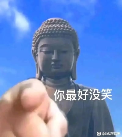 这是一张趣味搞笑表情包，采用低角度拍摄的大佛（疑似日本镰仓大佛）作为背景，前景是一只手指向镜头，搭配文字“你最好没笑”，将佛像严肃的表情与质问式的文字结合，营造出一种反差感拉满的滑稽警告氛围，仿佛大佛在严肃地警告对方不许偷笑，适合用于调侃他人在自己出糗、讲冷笑话等场景下偷笑的情况，用庄重的形象搭配搞笑的文字，增强幽默效果。