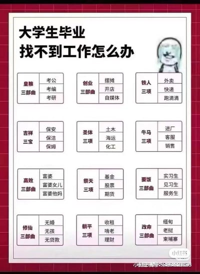 这是一张关于大学生毕业找不到工作的幽默建议图，以九宫格形式展示了各种自嘲式的"解决方案"。图片上方有标题"大学生毕业找不到工作怎么办"，右上角配有一个傻笑的简笔人物形象。主要内容分为多个"三部曲"或"三项"，每个部分都有一个幽默标题和三个相关选项，如"皇粮三部曲"包括考公、考编、考研，"创业三部曲"包括摆摊、开店、自媒体等。这些建议融合了当下社会热点和年轻人常用的自嘲表达方式，反映了当代大学生面对就业压力的无奈与幽默应对态度。