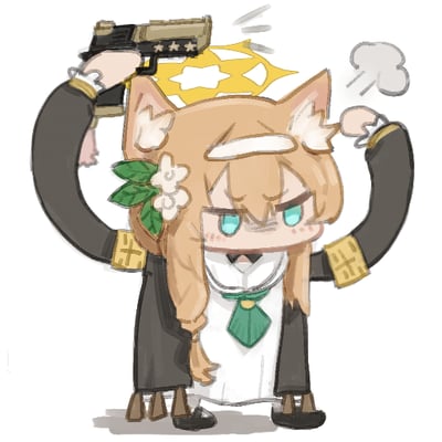一张卡通风格的插画，描绘了一位有着猫耳和金色长发的少女。她穿着黑色外套，外套袖子上有金色十字图案，内搭白色衣服和绿色领带。少女右手举着一把枪，枪口有烟雾冒出，头顶后方有黄色的星爆状图案，表情冷峻，眼神锐利。整体风格可爱又带点酷感。