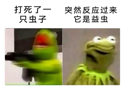 这是一张左右拼接的反差式表情包，左侧画面中，经典卡通角色科米蛙嘴巴大张，情绪激动，举着类似工具的物品，呈现出刚完成击打动作的亢奋状态，上方配文“打死了一只虫子”；右侧画面里，科米蛙眼神涣散，面部表情懊悔又无奈，整只蛙呈现出呆滞的状态，上方配文“突然反应过来它是益虫”。图片通过同一角色前后截然不同的情绪和状态反差，生动且幽默地还原了生活中人们无意间伤害了有益事物，事后才恍然大悟的后悔、懊恼又尴尬的瞬间，容易引发大众共鸣。