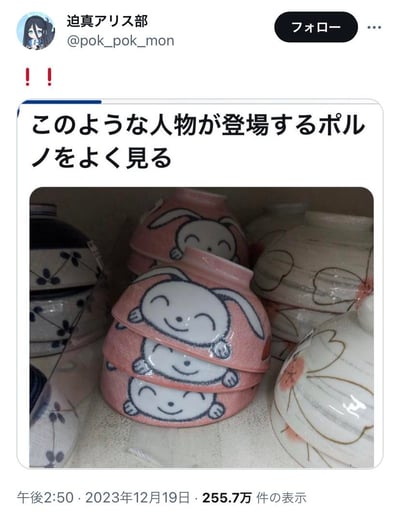 这是一张社交媒体截图，用户@pok_pok_mon（迫真アリス部）发布了一条带有调侃意味的帖子。帖子顶部有三个红色感叹号，正文文字为“このような人物が登場するポルノをよく見る”（我经常看到有这种人物登场的成人影片），下方配图是一组堆叠的粉色陶瓷碗，碗上印有微笑的兔子图案。整体内容通过可爱的兔子碗形象与成人影片角色进行幽默对比，营造出轻松搞笑的氛围。