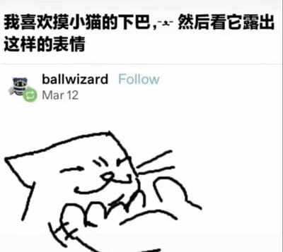 图片为社交媒体帖子截图，上方文字为'我喜欢摸小猫的下巴,-- 然后看它露出这样的表情'，下方显示用户'ballwizard'于3月12日发布的内容，包含一幅手绘涂鸦小猫。小猫双眼微闭，嘴角上扬，呈现出被摸下巴时的满足惬意表情，整体风格可爱幽默，展现了与宠物互动的温馨日常。