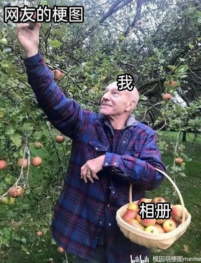 图片中一位穿着蓝色格子衬衫的 elderly 老人正在苹果树下摘苹果，左手高举伸向树枝上的苹果，右手提着一个装满苹果的篮子。图片上方有“网友的梗图”字样，老人头部旁标注“我”，篮子上标注“相册”，通过人物动作与文字结合，幽默地表现“我”像摘苹果一样将内容放入相册的场景，整体氛围轻松有趣。