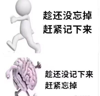 这张梗图分为上下两部分，讽刺了人记忆力和健忘性之间的矛盾。上半部分是一个小人奔跑的3D模型，配字“趁还没忘掉赶紧记下来”，意为想赶紧抓住灵感或想法，生怕自己忘了。下半部分则是一个奔跑的大脑拟人形象，配字“趁还没记下来赶紧忘掉”，表示大脑的健忘本能和努力记住某事的拉扯。

整图用很夸张的表述和形象，嘲讽现代人“记忆力衰退”“大脑内耗”，常用于自嘲忘性大，或者在搞笑氛围下互相调侃。

无谐音、双关、暗示成分。