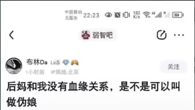 这是一张手机社交媒体截图，显示了一个来自"弱智吧"的帖子。用户"布林Da"（Lv.5，IP属地北京）发布了一条内容："后妈和我没有血缘关系，是不是可以叫做伪娘"。屏幕顶部显示中国移动无服务，时间22:23，电池电量64%。