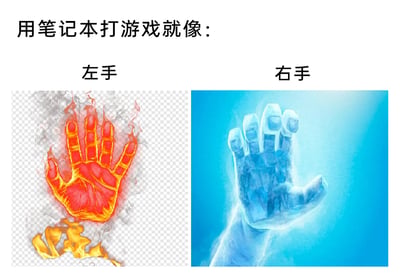 这是一张左右对比式的吐槽梗图，上方配有文字“用笔记本打游戏就像：”，左侧标注“左手”，搭配一张燃烧状态的手掌特效图，用来调侃用笔记本打游戏时，左手放置在键盘区域（靠近笔记本散热出风口），长时间被高温烘烤的发烫状态；右侧标注“右手”，搭配一张冰冻状态的手掌特效图，对应右手握持鼠标，远离笔记本热源，始终处于低温的状态，通过夸张的冰火反差，精准戳中笔记本电脑游戏时散热区域集中，导致左右手体验温差巨大的用户痛点，引发游戏玩家的共鸣。