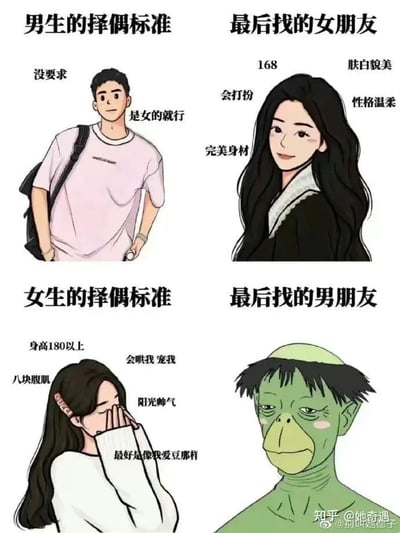 这是一幅竖版的四格对比漫画，通过分栏对比的方式展现男女择偶标准与最终结果的巨大反差，以此制造搞笑效果。左上区域为“男生的择偶标准”，画着一位穿着浅粉色T恤、单肩背包的男生，配文显示其择偶标准极低，仅要求“是女的就行”；右上区域是“最后找的女朋友”，呈现出一位身高168、肤白貌美、会打扮、性格温柔且拥有完美身材的优质女性，形成预期低、结果优的正向反差。左下区域为“女生的择偶标准”，一位长发女生捂着脸，配文显示其择偶标准极高，要求对方身高180以上、有八块腹肌、会宠人、阳光帅气，最好和自己的爱豆一样；右下区域是“最后找的男朋友”，却是一个外形怪异的绿色类人形象，与女生的高预期形成极其夸张的反向反差。整幅图通过这种强烈的性别反差对比，调侃了婚恋市场中择偶预期与实际结果的错位现象，风格幽默夸张。
