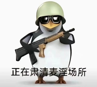 3D企鹅角色“高雅人士”戴着绿色头盔和墨镜，双手持步枪站立，下方配有文字“正在肃清麦淫场所”。角色笨拙体态与严肃装备形成强烈反差萌，延续了原梗“体面发疯”的核心情绪，通过幽默方式展现年轻人对荒诞现实的戏谑态度。
