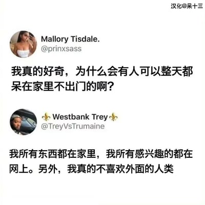 这是一张经过汉化的Twitter（现X）平台用户对话截图，图中上方用户Mallory Tisdale以好奇的语气发出疑问，困惑为何有人能整日宅家不出门；下方用户Westbank Trey则给出了极具代表性的宅家人群的回答，点明宅家的核心原因：生活所需都在家中，兴趣内容都在网络上，同时对外界的社交持有排斥态度。这段对话精准展现了外向人群与宅家人群的观念差异，其中宅家者的回答引发了众多同类人群的共鸣。