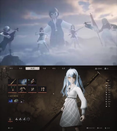 这是一张上下拼接的游戏修改截图，上半部分为《黑神话：悟空》的结局动画场景，原本的四大天王角色被替换为不同造型的二次元少女；下半部分是游戏内的「披挂」装备界面，主角悟空被替换成蓝发二次元少女，同时保留了游戏原生的装备栏、数值面板等UI元素。将国风硬核3A游戏的内容替换为二次元风格，形成强烈的视觉反差，是玩家自制MOD的二次创作内容。