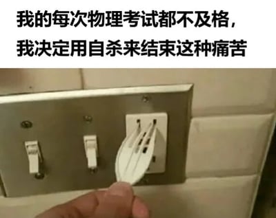 图片上半部分是黑色文字：“我的每次物理考试都不及格，我决定用自杀来结束这种痛苦”，下半部分是一只手拿着白色塑料叉子插入电源插座的照片。整体通过夸张的文字和危险行为的画面形成黑色幽默，用极端方式调侃物理考试不及格带来的挫败感，属于学生群体中常见的考试压力吐槽类梗图。请注意：图中行为极度危险，切勿模仿。