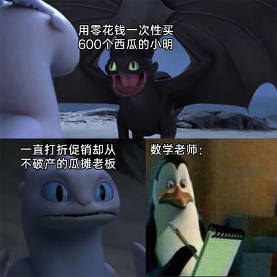 这是一张由三张不同动画截图拼接而成的搞笑梗图，通过动画角色的形象来对应数学应用题里那些脱离现实的离谱设定：用《驯龙高手》中兴奋的无牙仔对应“能一次性用零花钱买600个西瓜的小明”，用表情无奈的光煞对应“一直打折促销却从不破产的瓜摊老板”，用《马达加斯加的企鹅》里手持纸笔记录的企鹅对应“计算相关数据的数学老师”，精准调侃了数学题中不符合现实逻辑的夸张设定，通过动画角色的表情反差放大了这种荒诞感，让人觉得滑稽好笑。
