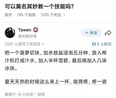 这是一张知乎问答的手机截图。顶部是问题「可以莫名其妙教一个技能吗？」，并标注该问题有 195 个回答、1203 个关注。下方是用户 Tawen（身份标注为「雕刻爱好者」，头像旁有徽章）的回答，获得 2297 人赞同、3 人听过。回答前半段以标准食谱口吻写道：「把一个菠萝切块，加水放盐浸泡五分钟，放入榨汁机打成汁水，加入半杯雪碧，最后再加入冰块。」读者本以为会得到一款清凉解暑的夏日饮品推荐，最后一句却突然反转：「夏天天热的时候这么来上一杯，能胃疼，疼一宿」，该句下方还有虚线着重标注。截图底部显示「编辑于 14 小时前 · 湖南」。笑点在于利用教程式铺垫制造心理预期，再以「喝了会胃疼一宿」的负面结局打破预期，属于典型的一本正经胡说八道式反高潮幽默，也暗示菠萝、盐水、雪碧与冰块混饮可能刺激肠胃。