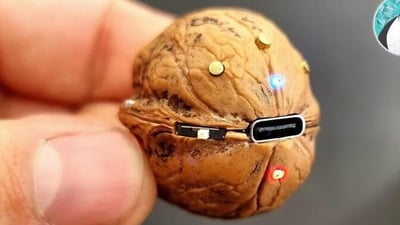 图片展示了一只手握着一颗经过创意改造的核桃。核桃表面保留了自然的纹理和沟壑，但被巧妙地嵌入了类似AirPods充电盒的科技元素：中央有一个类似USB-C的接口，周围分布着几颗金属螺丝，部分位置还装有小型LED灯，发出蓝、红等颜色的光。自然坚果的古朴质感与现代科技配件形成鲜明对比，展现了极具脑洞的DIY手工创意。