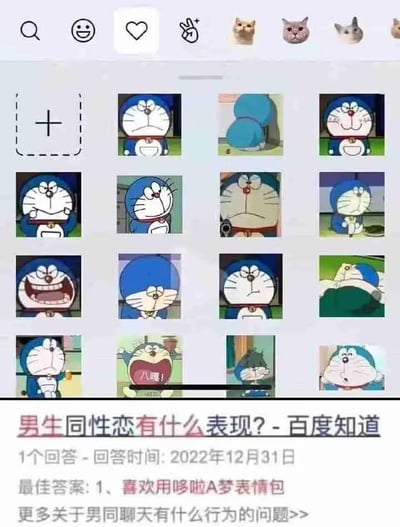 这张梗图由上下两部分拼接而成：上半部分是社交软件的表情包收藏界面，展示了16张不同神态、动作的哆啦A梦表情包，涵盖生气、得意、无奈、大笑、惊讶等多种情绪，动作包括捂嘴、扭头、躺卧、叉腰等，其中一张表情包带有文字“八嘎！”；下半部分是百度知道的问答截图，提问为「男生同性恋有什么表现？」，回答时间为2022年12月31日，最佳回答第一条写着「喜欢用哆啦A梦表情包」。图中将毫无科学依据的刻板印象回答与哆啦A梦表情包绑定，制造出无厘头的搞笑反差，属于网络恶搞内容，是对特定群体的刻板印象玩笑，不具备科学参考性。