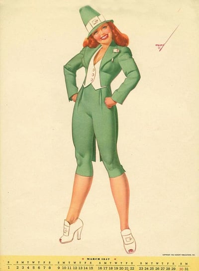 这是一张1947年3月的复古日历插画，画面主体为一位红发女子，她身着绿色西装套装（含短款外套、白色马甲和七分裤），头戴绿色礼帽，脚穿白色高跟皮鞋，双手叉腰站立，面带微笑。插画背景为米白色，底部印有完整的日历网格，包含星期标识（SMTWTFS）和1-31日的日期，顶部标注“MARCH 1947”，右下角有版权信息“COPYRIGHT THE FAWCETT PUBLICATIONS, INC.”。整体风格具有典型的20世纪中期美式复古插画特征，色彩明快，人物造型优雅。