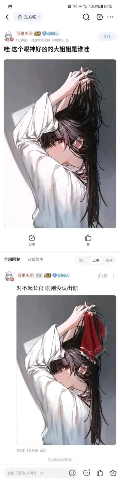 这是百度贴吧东方吧的一则搞笑帖子，楼主先发了一张扎头发的红瞳黑发冷峻女生的图片，配文询问“哇 这个眼神好凶的大姐姐是谁哇”，随后自己回复，在图中添加了东方Project角色博丽灵梦标志性的红色蝴蝶结，配文“对不起长官 刚刚没认出你”，通过前后两张图的对比，制造出认不出知名角色的反差笑点，属于东方粉丝社群的玩梗内容。