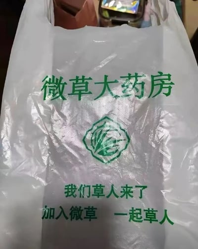 图片展示了一个白色塑料袋的近距离特写，袋子表面印有绿色的文字和图案。上方醒目位置写着“微草大药房”，中间是一个绿色的植物形态标志，下方则是“我们草人来了 加入微草 一起草人”的标语。背景略微模糊，隐约可见一些室内物品，整体聚焦于塑料袋上的文字内容。标语中的“草人”一词因口语化表达可能产生幽默联想，形成搞笑效果。