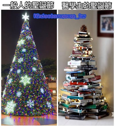 图片为左右对比结构，左侧标题为“一般人的聖誕節”，展示一棵装饰华丽的圣诞树，树上挂满彩色灯饰和雪花装饰，顶部有星星，背景为夜晚户外场景；右侧标题为“醫學生的聖誕節”，展示由多本医学书籍堆叠成树状的“书圣诞树”，顶部放置松果，周围缠绕圣诞灯饰，背景为室内墙面。通过对比幽默展现普通人和医学生圣诞节的不同状态，医学生因学业繁忙只能用书堆代替圣诞树，充满自嘲和趣味性。