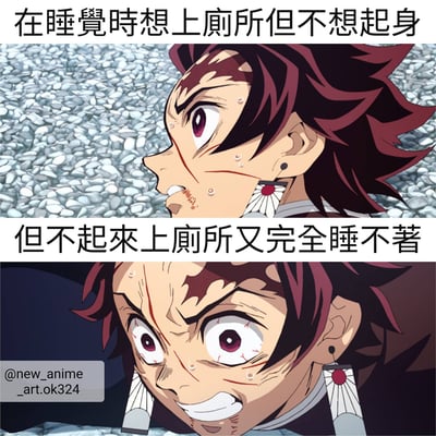 这是一张双面板动漫梗图，展示了一个常见的生活困境。上图中，《鬼灭之刃》主角炭治郎表情痛苦，额头上有汗珠，配文'在睡觉时想上厕所但不想起身'。下图中，炭治郎表情更加扭曲和挣扎，配文'但不起来上厕所又完全睡不着'。这种强烈的表情对比生动地表现了人们在睡意和生理需求之间的内心挣扎。
