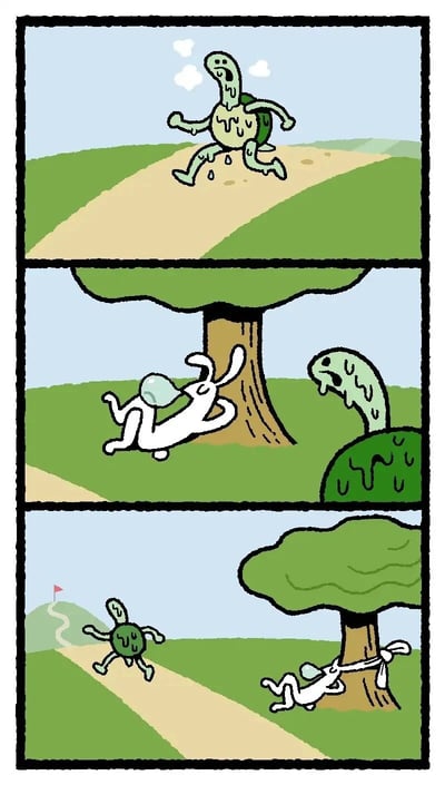 这是一幅三格连环卡通漫画，改编自经典寓言《龟兔赛跑》：第一格中，乌龟大汗淋漓、身体仿佛要融化一般，正在赛道上奋力奔跑；第二格展示了兔子在大树下呼呼大睡，而乌龟的身体和龟壳已经分离，乌龟本体躲在树旁的草丛后，偷偷观察着熟睡的兔子；第三格中，乌龟的龟壳装上了四肢，独自朝着带有红旗的终点前进，而兔子依旧在树下熟睡，完全没发现这个小把戏，乌龟靠这种荒诞的方式赢得了比赛。
