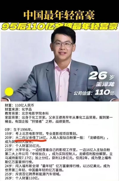 这是一张介绍中国年轻富豪王泽龙的图文混排图片。图片上方有醒目的黄色标题文字“中国最年轻富豪”和“95后110亿全球最年轻富豪”，中间是王泽龙的个人照片，他穿着灰色西装，内搭粉色衬衫，戴着眼镜，面带微笑坐在桌前。照片周围和下方配有详细的文字介绍，包括他的财富金额（110亿人民币）、财富来源（化学品）、教育背景（北京电影学院本科）、家庭背景以及从0岁到26岁的人生经历和创业历程，如20岁向父亲借款14亿入股公司，23岁成为上市公司实际控制人，24岁闯入福布斯全球亿万富豪排行榜等内容。