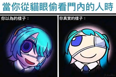 这是一张左右分栏的对比梗图，以虚拟歌手初音未来的形象创作，用来调侃自我认知与现实的反差。左栏标注“你以为的样子：”，呈现的是画风精致、带有病娇感的初音未来，单眼缠着绷带，眼神夸张兴奋，仿佛自己是充满氛围感的酷角色，正从猫眼里窥探门内；右栏标注“你真实的样子：”，则是画风潦草崩坏的Q版初音未来，同样单眼缠着绷带，表情滑稽呆滞，形象充满搞笑感。图上方的标题文字为“當你從貓眼偷看門內的人時”，通过两种形象的强烈反差，戳中人们“想象中自己很酷，现实里却很滑稽”的日常心理，制造出搞笑的效果，没有双关或谐音梗。