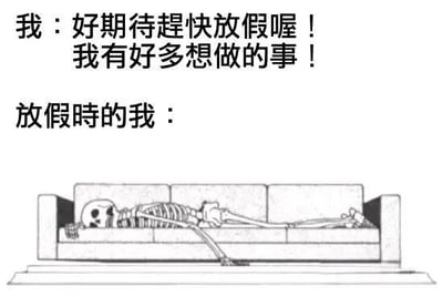 这张梗图通过上下对比展现了放假前后的巨大反差：上方文字表达了放假前对假期的期待与规划，下方则用一具躺在沙发上的骨架形象，幽默地呈现了放假后实际躺平、无所事事的状态，戳中了许多人假期理想与现实不符的共鸣点。