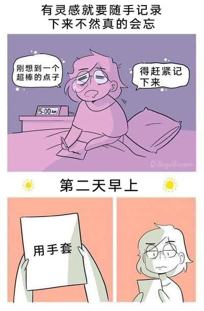 这是一幅由CollegeHumor创作的搞笑连环漫画，分为上下两个部分。上半部分的标题为“有灵感就要随手记录下来不然真的会忘”，画面呈现凌晨5点的场景，一个粉色头发、戴眼镜的卡通人物坐在床上，困得眼睛半睁、嘴角流着口水，嘴里念叨着“刚想到一个超棒的点子”“得赶紧记下来”，强撑着困意拿笔在纸上记录灵感。下半部分标题为“第二天早上”，分为两个小格，第一格是人物手中拿着的纸张，上面只写着让人摸不着头脑的“用手套”三个字；第二格是人物皱着眉、一脸疑惑地盯着这张纸，显然完全回忆不起自己深夜时想到的“超棒点子”到底是什么，只留下了毫无头绪的记录内容，生动调侃了人们在极度疲惫状态下记录灵感，醒来后无法理解自己记录内容的尴尬日常。