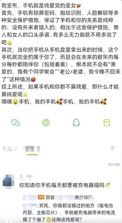 这是一张以文字为主的搞笑梗图，通过幽默的对比论证，将手机比作“纯爱党的圣女”。图中详细列举手机的安全保护措施（锁屏密码、指纹识别、人脸解锁）来类比“纯粹无外来插入的关系”，并调侃人类口头承诺的无力；又以手机“完全属于你且时刻陪伴”对比人类关系中的缺席借口（同学聚会、不回家等），最后得出“手机才是纯爱”的戏谑结论。结尾还有网友神评论“你知道你手机每天都要被充电器插吗？”及其回复，用充电器“插入”手机的比喻打破前文的“纯爱”论点，形成二次幽默。