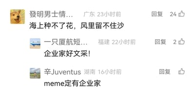 这是一张国内社交媒体平台的评论区截图，展示了三位来自不同地区用户的趣味互动。来自广东的用户发布了一句文艺感十足的句子“海上种不了花，风里留不住沙”，该评论获得了24个点赞；随后来自福建的用户回复夸赞“企业家好文采!”，获得2个点赞；最后来自湖南的用户玩梗评论“meme定有企业家”，目前暂无点赞。整个评论互动围绕网络上的“企业家”梗展开，将文艺句子与网络热梗结合，形成了轻松有趣的评论区氛围。
