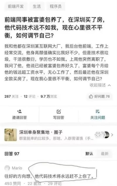 这是一张类知乎问答平台的截图，提问者是深圳某互联网大厂的后端开发者，自述自身技术、学历均优于同厂的前端同事，但该同事凭借出众颜值被富婆包养，不仅离职还在深圳全款买房，提问者因心理不平衡求助调节方法。高赞回答以一句「往好的方向想，他代码技术将永远赶不上你了」的黑色幽默回复，调侃这种职场中因不同路径获得成功而产生的心态落差，没有双关或谐音梗。