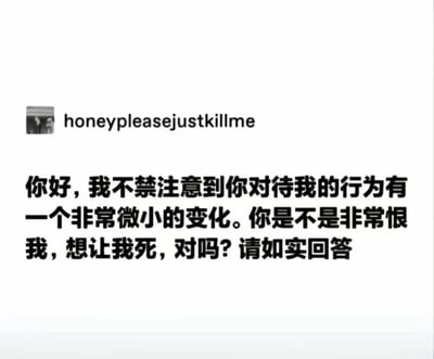 这是一张纯文字梗图，顶部显示英文用户名"honeypleasejustkillme"，下方是中文质问内容："你好，我不禁注意到你对待我的行为有一个非常微小的变化。你是不是非常恨我，想让我死，对吗？请如实回答"。整体采用简洁的白色背景，黑色文字排版，通过夸张的质问语气表现对人际关系中细微变化的过度敏感和戏剧性反应。