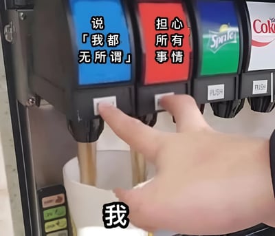 图片展示了一个人正在使用苏打水机的场景，其手部同时按压着两个不同的按钮。蓝色按钮上配有文字「说『我都无所谓』」，红色按钮上则写着「担心所有事情」，而在手部下方标注了「我」字。这张图片通过日常的饮料机操作场景，幽默地表现了人们内心想法与外在表现不一致的矛盾状态。