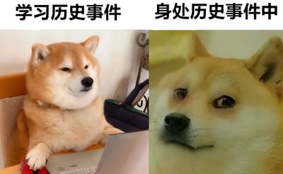 左右对比图展示了同一只柴犬在两种不同情境下的表情对比。左侧标题为'学习历史事件'，柴犬表情淡定地趴在笔记本电脑旁；右侧标题为'身处历史事件中'，柴犬表情惊恐，眼睛瞪大，突出了认知历史与亲历历史的情绪差异。